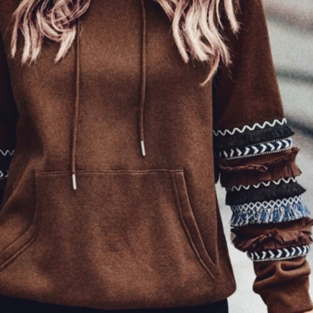 NEW Boho Fringe Sleeve Hoodie Sweatshirt Pullover Long Sleeve Brown Gray Blue - Picture 3 of 8